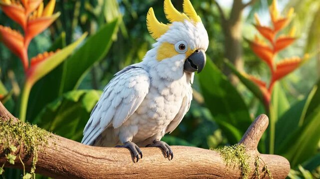 Cute cartoon cockatoo bird with yellow crest on a branch