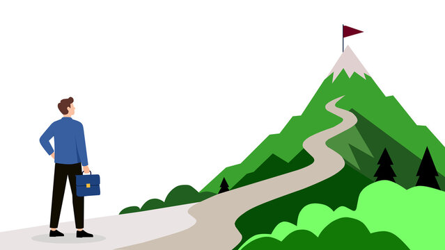 Ambitious professional embarking on a challenging path towards a flag-marked mountain summit, symbolizing strategic career development and the determined pursuit of success
