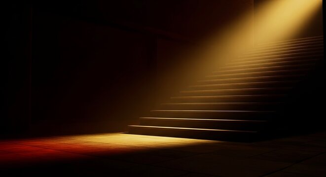 A set of dark wooden stairs illuminated by a bright golden beam of light from above in cinematic style
