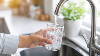 Refreshing glass of clean water poured from tap modern kitchen setting lifestyle photography bright and inviting environment close-up view healthy living concept © intha