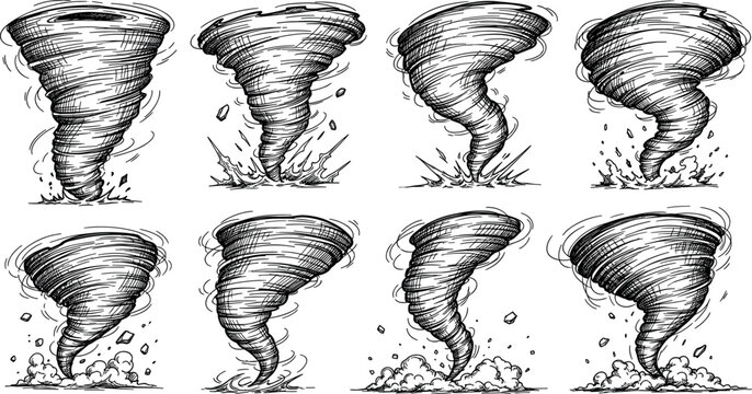 Tornado vector icon set featuring vintage hand drawn sketch illustrations of destructive storm twisters and wind cyclones