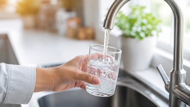 Refreshing glass of clean water poured from tap modern kitchen setting lifestyle photography bright and inviting environment close-up view healthy living concept
