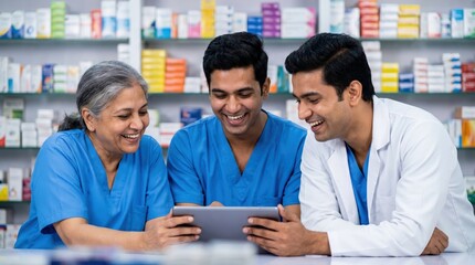 Fototapeta premium Indian Pharmacists Teamwork Concept: Senior and Junior Healthcare Professionals Collaborating Behind Pharmacy Counter
