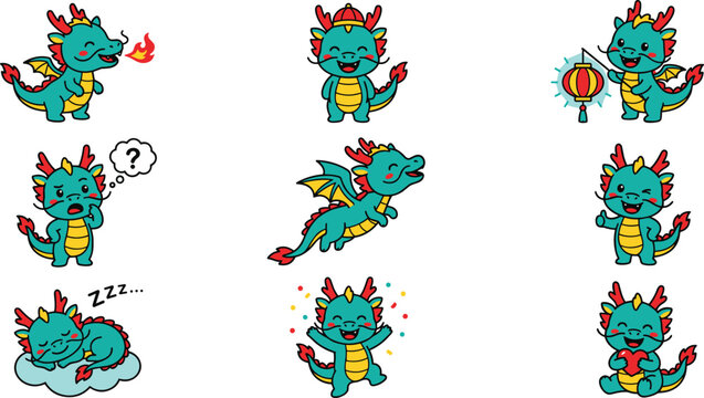 Chinese New Year dragon character sticker set vector illustration featuring cute mythical creatures breathing fire holding red lantern sleeping on cloud and celebrating lunar festival.