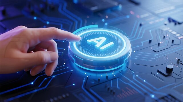 AI technology start button and circuit board scene