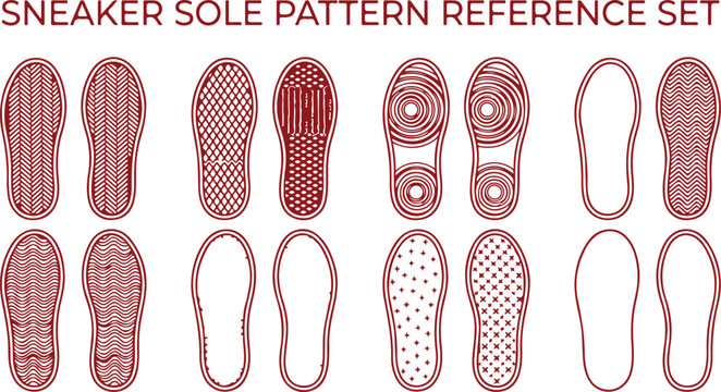 Collection of red outline sneaker sole patterns for shoe design reference set of rubber tread patterns.