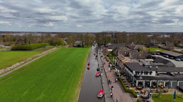 Aerial drone shots of the water village of Giethoorn Overijsel Netherlands