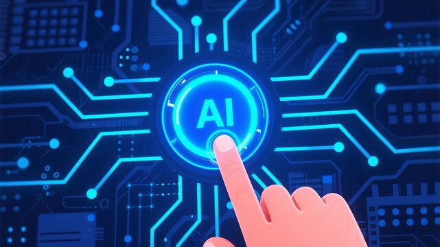 AI technology start button and circuit board scene