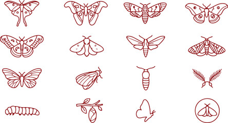 Collection of red line art moths and butterflies on transparent background vector illustration set. © Sadhin