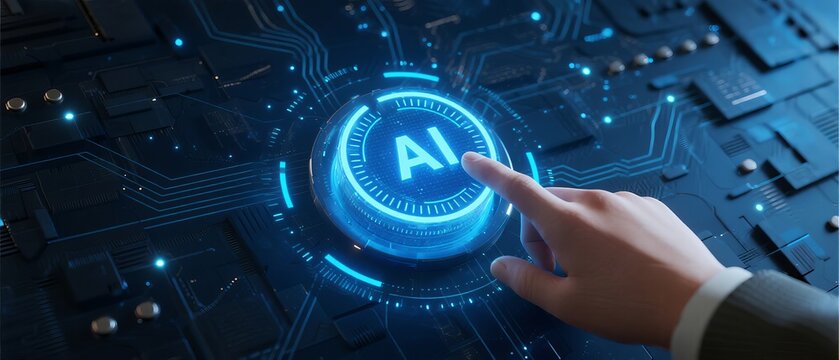 AI technology start button and circuit board scene