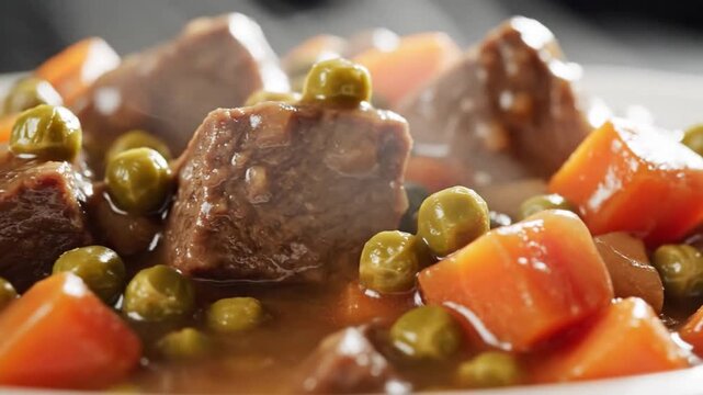 A close-up, steaming bowl of hearty beef stew with tender chunks of meat, vibrant carrots, and sweet peas in a rich, savory broth.
