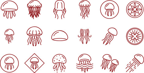 Red line art jellyfish collection on transparent background vector illustrations set. © Sadhin