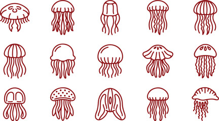 Collection of red line art jellyfish illustrations on transparent background vector set. © Sadhin