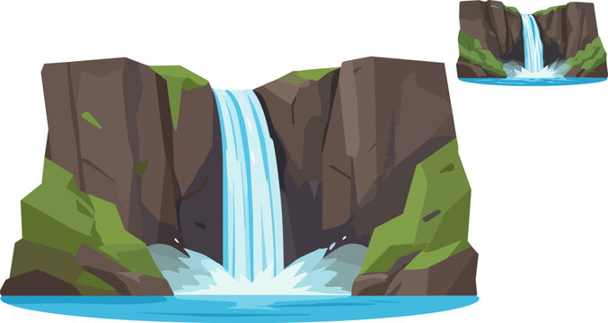 Waterfall, rocky cliff, green moss, blue river, landscape vector illustration, scenic nature, rocky terrain, water flow