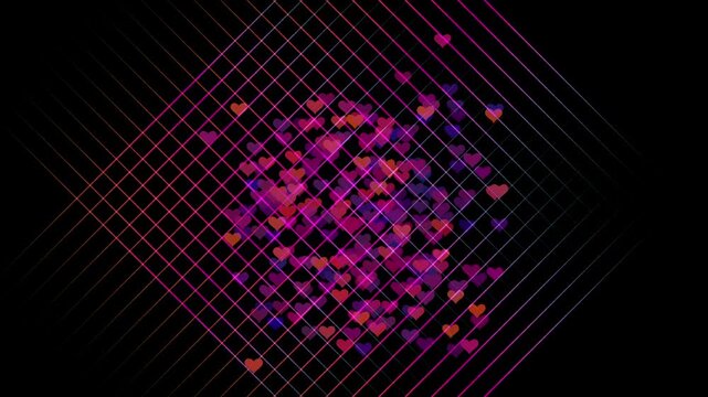 This image appears to be a digital graphic or live wallpaper featuring a grid pattern overlaid with glowing pink and purple heart shapes.