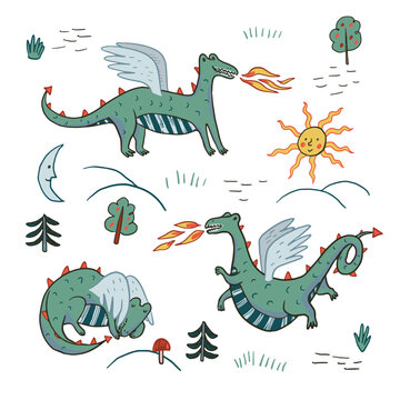 cute medieval dragons hand drawn vector illustrations set