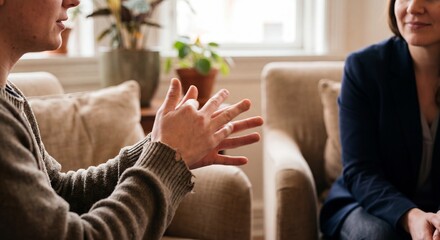 Obraz premium Close-up of hands gesturing during a focused conversation between two people, representing communication, therapy, or a business discussion.