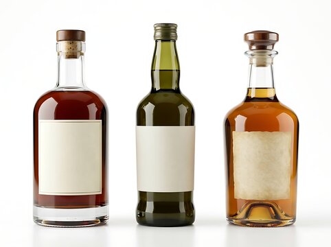 Three assorted glass bottles with blank labels containing colorful alcoholic beverages like whiskey rum and spirits isolated on white background