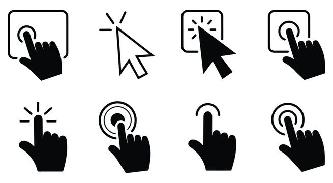 Interactive touch screen and mouse cursor icons with tablet display frames, user interface elements for digital navigation and application design, vector, designs