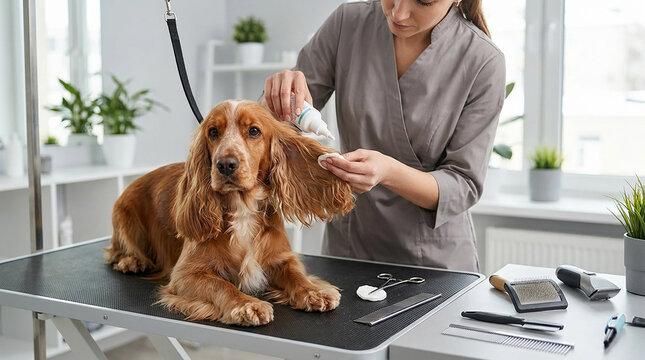 Professional groomer cleaning dog's ears with a special lotion and cotton pad in a grooming salon. English Cocker Spaniel sitting on the table.