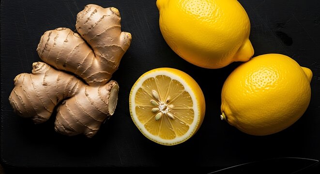 Fresh ginger root and lemon slices on dark background.