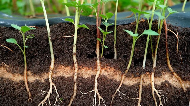 Seedlings in soil profile showing roots