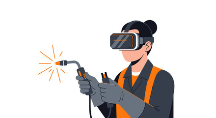 Obraz premium Female Welder Using VR Headset for Industrial Training Simulation - Modern Virtual Reality Skill Development Illustration