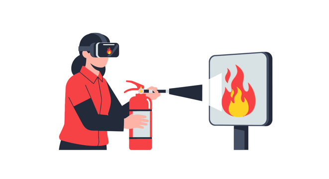Fire Safety Training with Virtual Reality VR Technology Illustration; Person Using Fire Extinguisher in Immersive Emergency Simulation for Workplace Safety Education