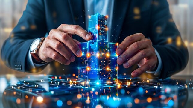 Strategic Digital Transformation: Connecting glowing AI data puzzle pieces, symbolizing business solutions, future vision, and technology innovation.