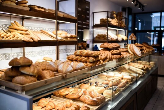 Bakery display case filled with assorted breads, rolls, pastries, and croissants in warm shop interior