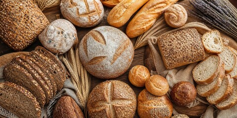 Artisan bread display bakery food photography rustic setting top-down view culinary craftsmanship celebrating freshly baked variations of loaves and rolls on wooden surface
