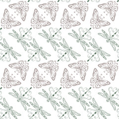 Fototapeta premium Seamless geometric pattern with pairs of lacy butterflies and dragonfly in diagonal arrangement. Delicate outline contour illustrations on transparent background. Line art. Elegant Art Nouveau style.