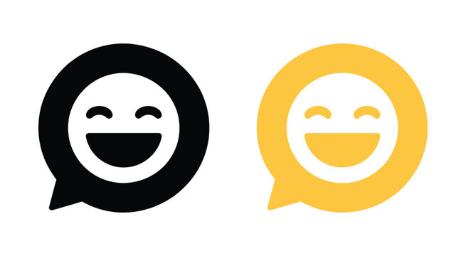 Laughing emoji icon speech bubbles, laugh emoticon symbol sign, funny reaction chat message icon set for social media communication vector design.