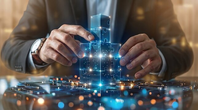 Digital transformation solution concept: Businessman hands building a glowing futuristic technology puzzle, driving strategic business innovation and data integration.