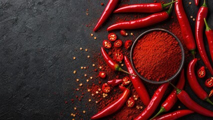 Spicy red chili peppers and powder culinary kitchen food photography vibrant dark background close-up view flavorful ingredients for cooking and recipes © intha
