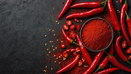 Spicy red chili peppers and powder culinary kitchen food photography vibrant dark background close-up view flavorful ingredients for cooking and recipes © intha
