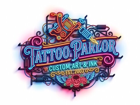 A vibrant neon sign for a tattoo parlor, advertising custom art and ink. The sign features a tattoo machine, a skull with roses, and the text Tattoo Parlor Custom Art & Ink Est. 2003