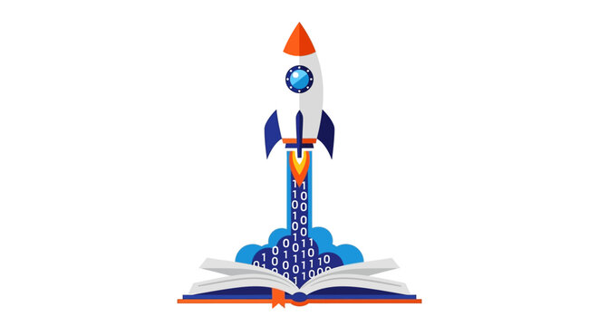 Rocket Launching from Open Book with Binary Code Trail, Symbolizing Digital Education, Technology Growth, and Innovation
