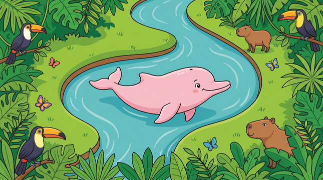 Cute pink Amazon river dolphin (boto) swimming in a tropical jungle river with capybara and toucan, flat vector illustration style.