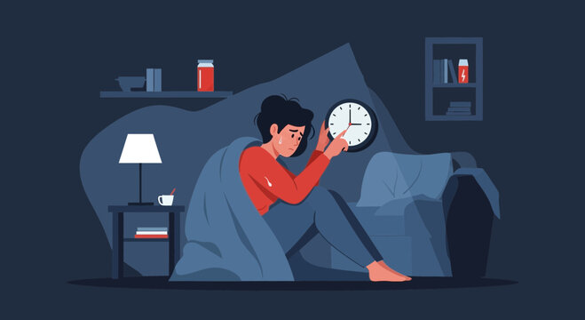 Insomnia And Sleeplessness: Concept Illustration Of Night Time Frustration With Clock Viewing