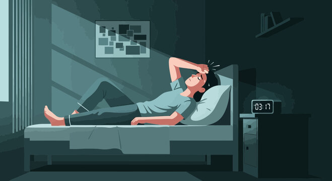 Insomnia And Sleeplessness Struggle Depicted In A Moody Interior Bedroom Scene