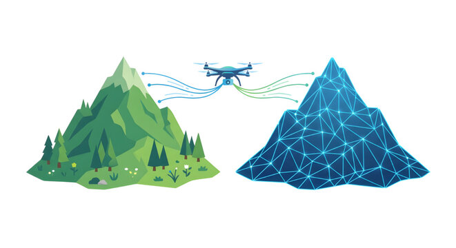 Drone scanning mountain into digital wireframe 3D model, flat vector conceptual illustration of a quadcopter drone scanning a green pine mountain and instantly generating a blue digital wireframe mesh