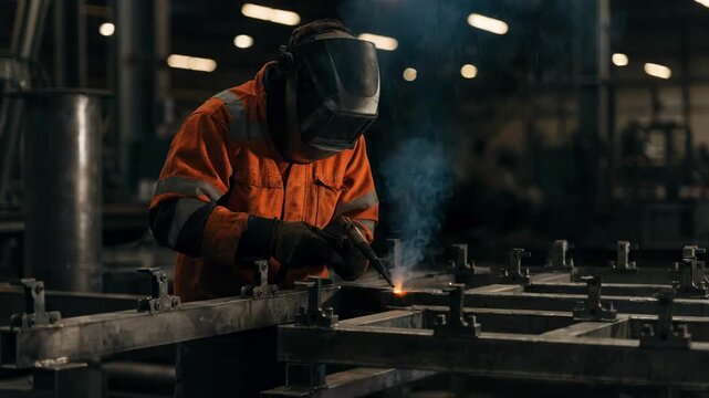 Medium shot showing precise welding of steel beams fixed on a jig table highlighting detailed work in assembling rigid frames before construction