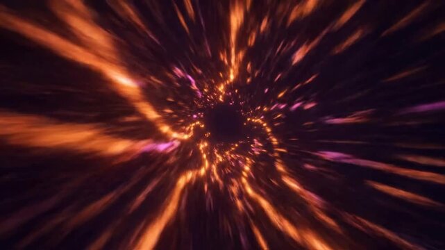 Abstract energetic light streaks move through a dark space or Abstract speed of light concept background with glowing colorful beams or Traveling through hyper space warp tunnel