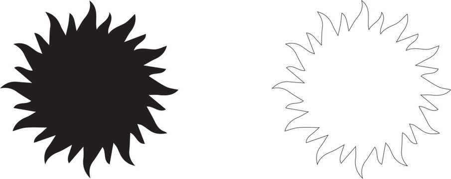 Sun icon, blazing star symbol, solar corona, solar flares, heat, energy and astronomy.