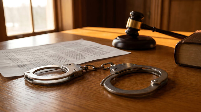 Handcuffs and Gavel on Courtroom Desk Representing Criminal Justice Legal Proceedings Arrest and Law Enforcement Concepts