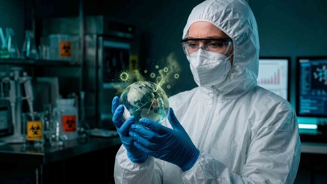 Hazmat scientist watching virus particles escaping cracked globe in biohazard lab