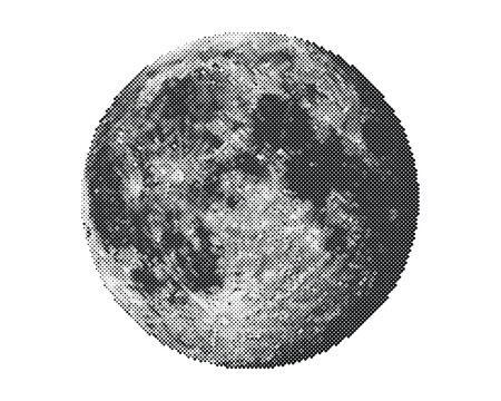 Retro halftone vector moon illustration with circle dot pattern texture and crater details isolated on white background