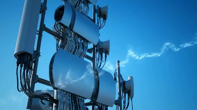 Cell tower transmitting signal against blue sky or Telecommunication tower emitting data flow in clear sky