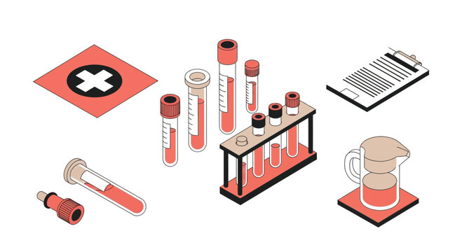 Isometric Lab Kit Depicting Blood Analysis And Sample Collection Supplies For Research